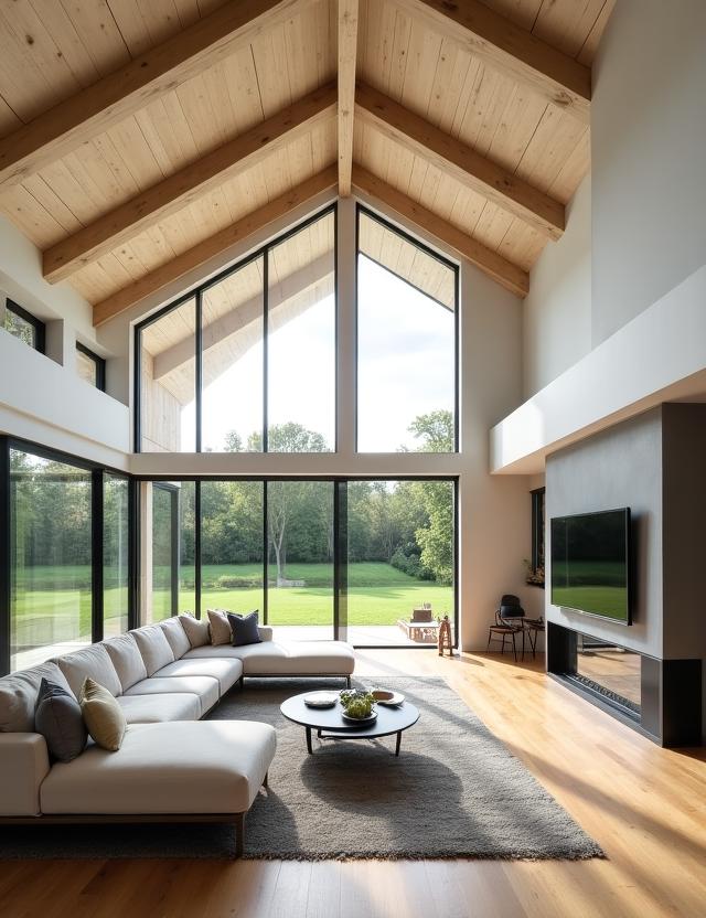 Bright and airy modern farmhouse living room with vaulted ceilings
