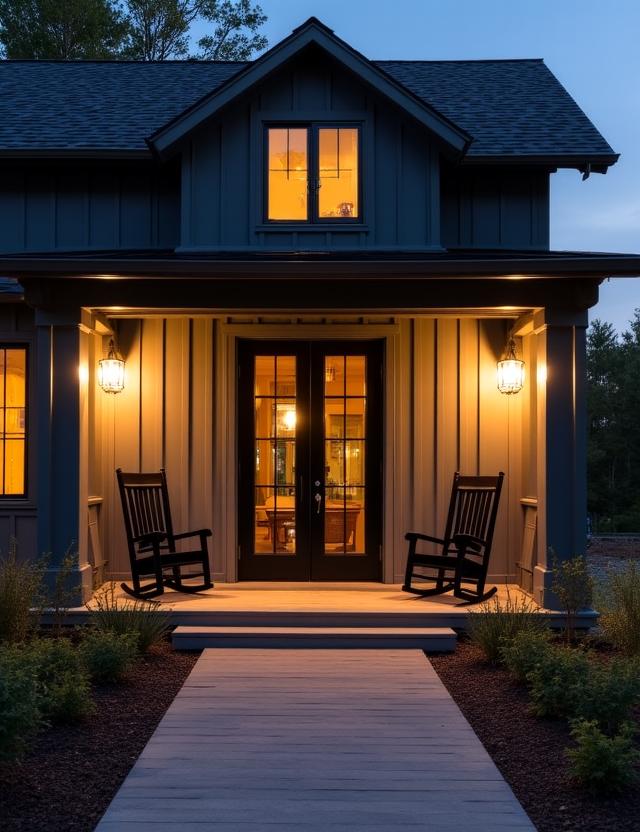 Modern farmhouse at dusk lighting